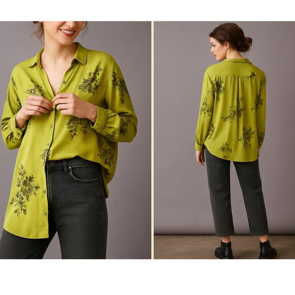 Anthropologie Tops - Anthropologie Pilcro The Romy Relaxed Button down in Chartreuse Floral Size XS